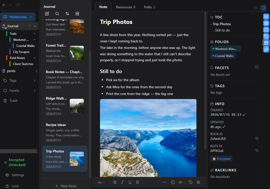 Lyunotes on the desktop: a notebook sidebar, a note list with previews, and the note editor open on a note.