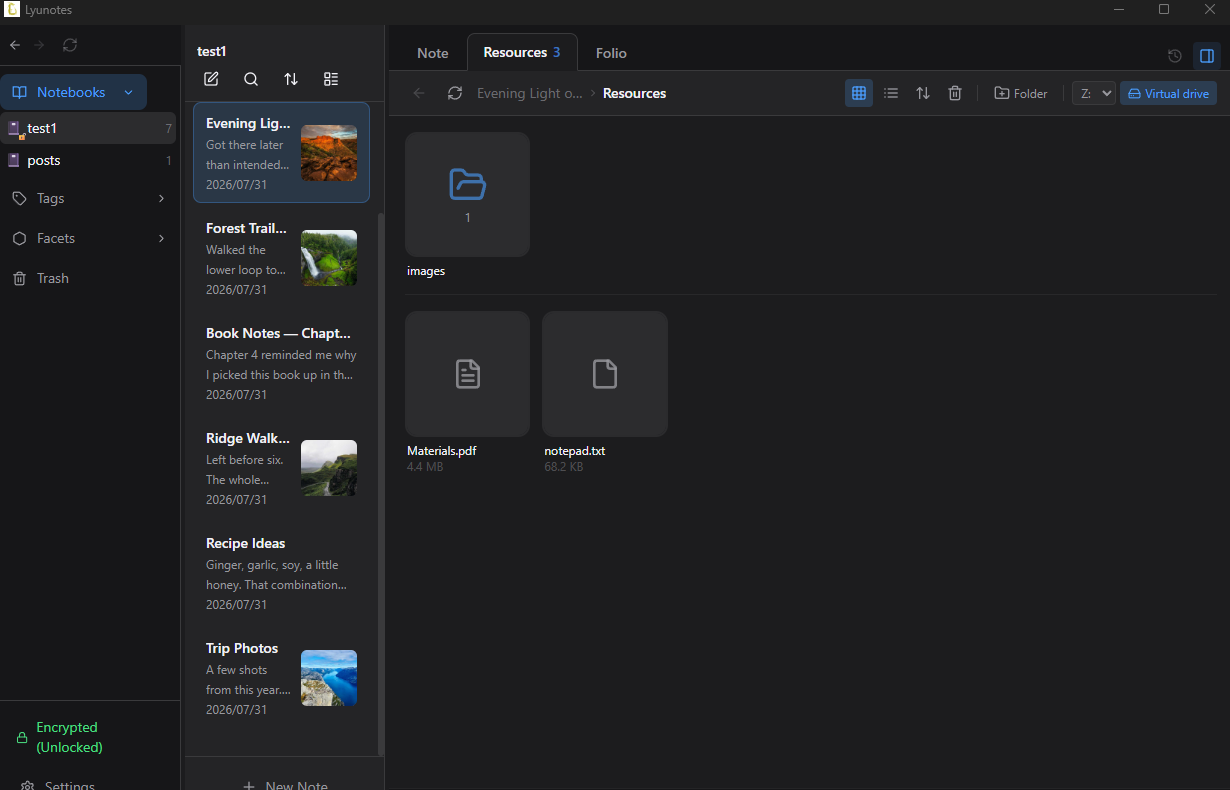 Lyunotes Resources tab for a note: a grid of folders and files, including an images folder, a PDF, and a text file, inside an encrypted notebook.
