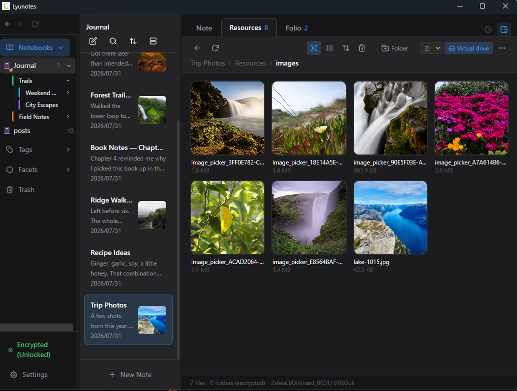 Lyunotes resources tab showing image thumbnails inside an encrypted notebook's Resources folder.