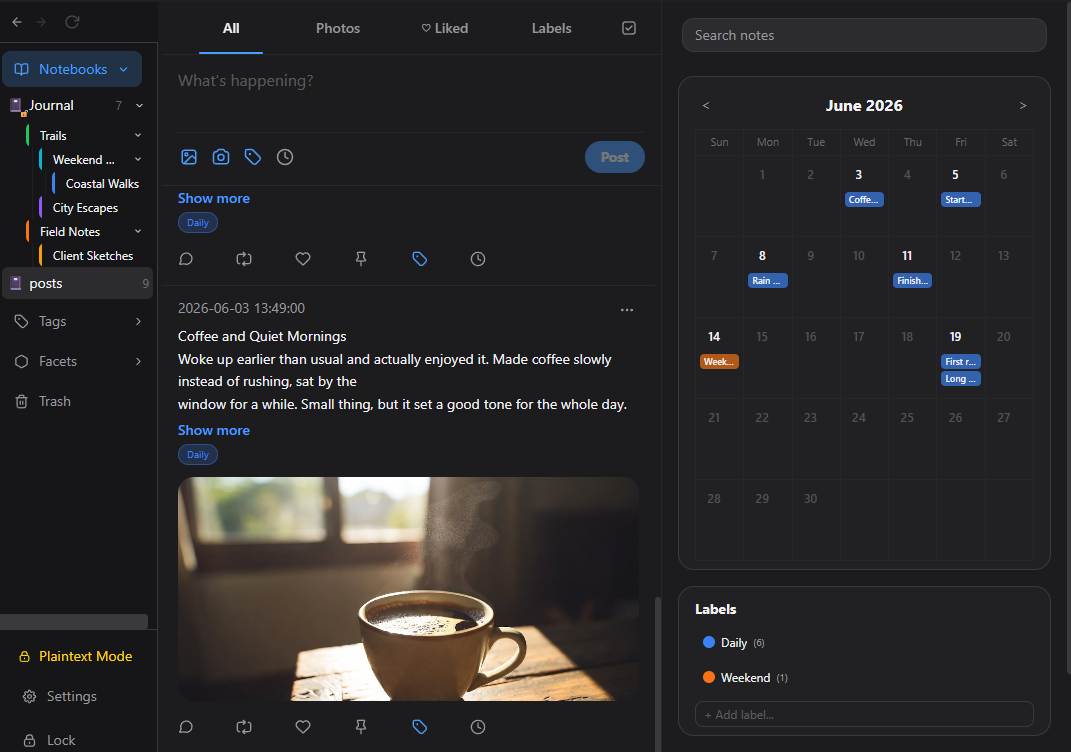 Lyunotes journal view with a quick post composer, labeled entries, and a calendar sidebar.