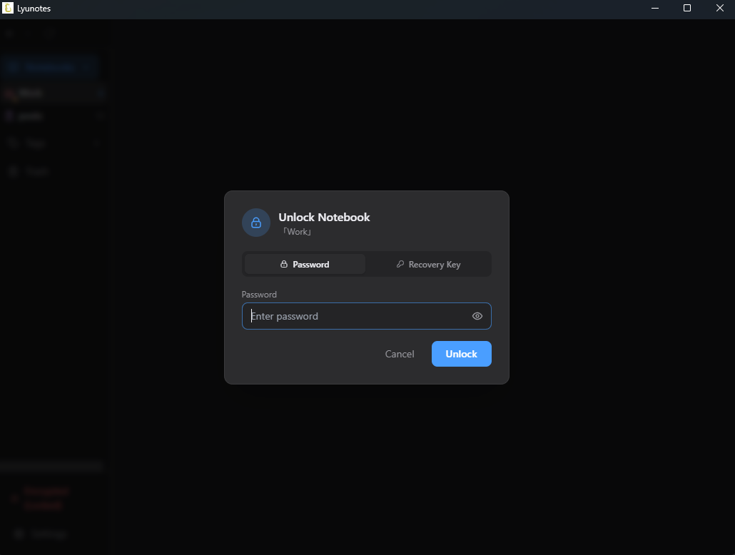 Lyunotes unlock dialog for an encrypted notebook, prompting for a password or recovery key.